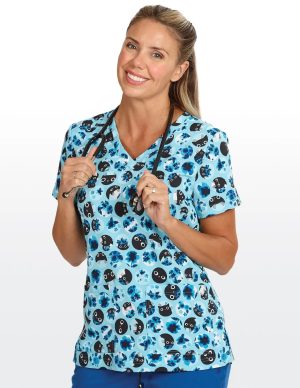 Blue Flower Cats Scrub Top